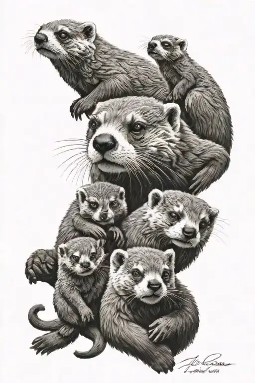 sea otter parent protecting children who are a lemur, cat and girrafe  tattoo design idea