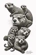 sea otter parent protecting children who are a lemur, cat and girrafe  tattoo design idea