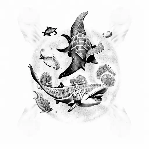 maroon animal themed sleeve with dolphin, whale shark, jellyfish, sea turtles, manta rays, and octopus tattoo design idea
