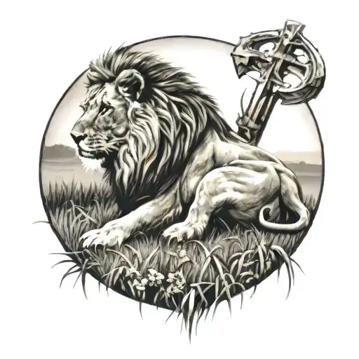 lion , Jesus cross, grass field looking tattoo design idea