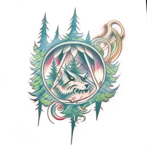 A mystical forest with hidden supernatural creatures and symbols tattoo design idea