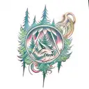 A mystical forest with hidden supernatural creatures and symbols tattoo design idea