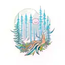 A mystical forest with hidden supernatural creatures and symbols tattoo design idea