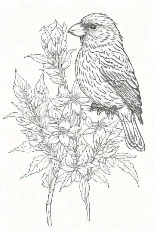 house finch holding fireweed in mouth  tattoo design idea