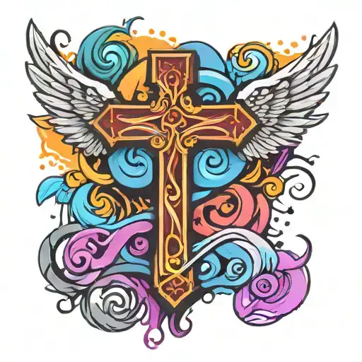 christian cross with angel tattoo design idea