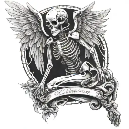 skeleton angel with a script in the left hand tattoo design idea