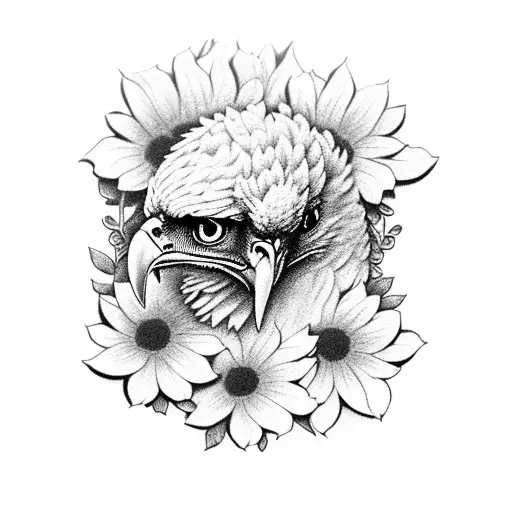 Eagle realistic surrounded by flowers and a dark or suspenseful landscape tattoo design idea