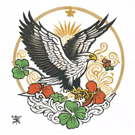 Condor soaring with four leaf clover in talons below it. The clover is bleeding ecuador and irish flag colors tattoo design idea