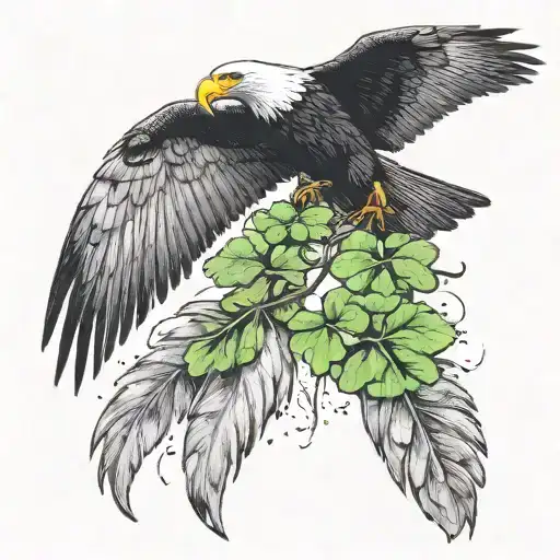 Condor soaring with four leaf clover in talons below it. The clover is dripping with ecuador and irish flag colors tattoo design idea