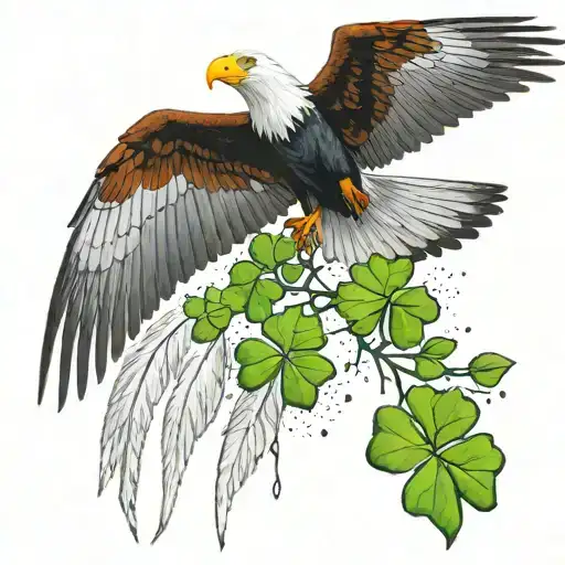 Condor soaring with four leaf clover in talons below it. The clover is dripping with ecuador and irish flag colors tattoo design idea