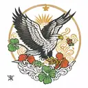 Condor soaring with four leaf clover in talons below it. The clover is bleeding ecuador and irish flag colors tattoo design idea