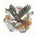 Condor soaring with four leaf clover in talons below it. The clover is bleeding ecuador and irish flag colors tattoo design idea