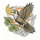 Condor soaring with four leaf clover in talons below it. The clover is bleeding ecuador and irish flag colors tattoo design idea