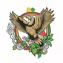 Condor soaring with four leaf clover in talons below it. The clover is bleeding ecuador and irish flag colors tattoo design idea