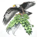 Condor soaring with four leaf clover in talons below it. The clover is dripping with ecuador and irish flag colors tattoo design idea