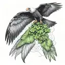 Condor soaring with four leaf clover in talons below it. The clover is dripping with ecuador and irish flag colors tattoo design idea