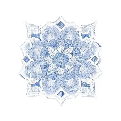 simple design portuguese blue tiles pattern style that are filling the shape of chestnut flower tattoo design idea