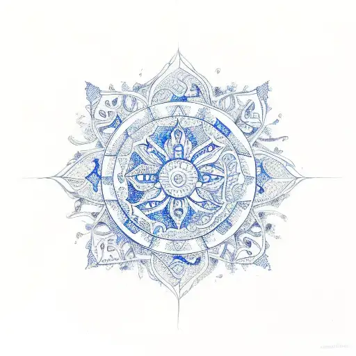 portuguese blue tiles flower and pattern style that are filling the shape of sun and moon  tattoo design idea