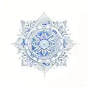 portuguese blue tiles flower and pattern style that are filling the shape of sun and moon  tattoo design idea