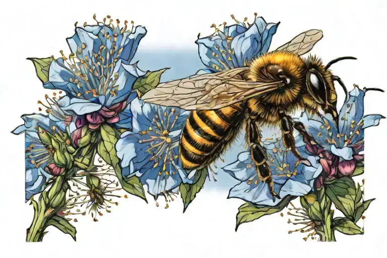 bee gathering nectar of a cistus flower, mediterranean background, deep blue sky, beekeeper silhouette in the background tattoo design idea