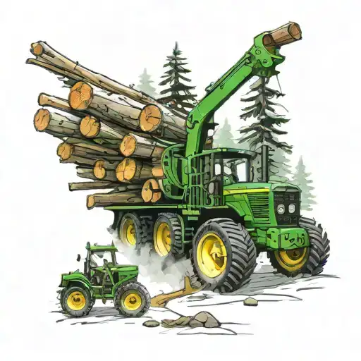 forest with a John deere 1910E Forwarder hauling logs on the Bottom tattoo design idea