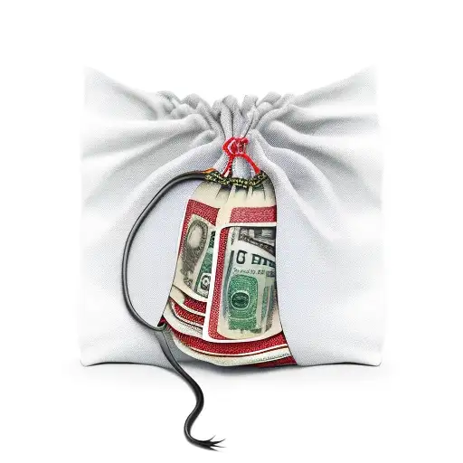 canvas moneysack losley tied open, hundered dollar bills fly out and start on fire as it flies out of the bag tattoo design idea