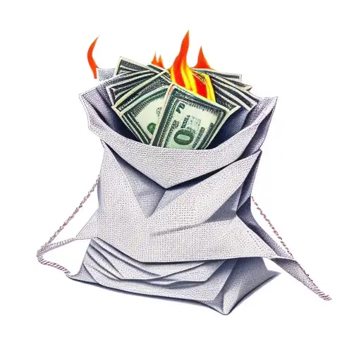 moneysack slightly open and hundered dollar bills fly out and start on fire as it flies out and away from the bag tattoo design idea