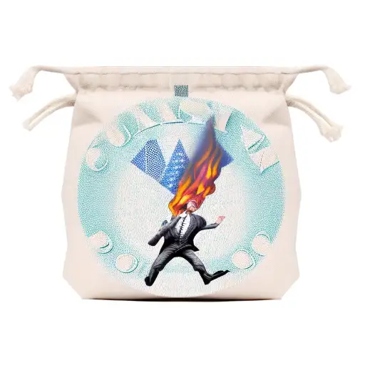 canvas moneysack slightly open and hundered dollar bills fly out and start on fire as it flies out and away from the bag tattoo design idea