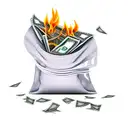 moneysack slightly open and hundered dollar bills fly out and start on fire as it flies out and away from the bag tattoo design idea