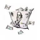 canvas moneysack slightly open and hundered dollar bills fly out and start on fire as it flies out and away from the bag tattoo design idea