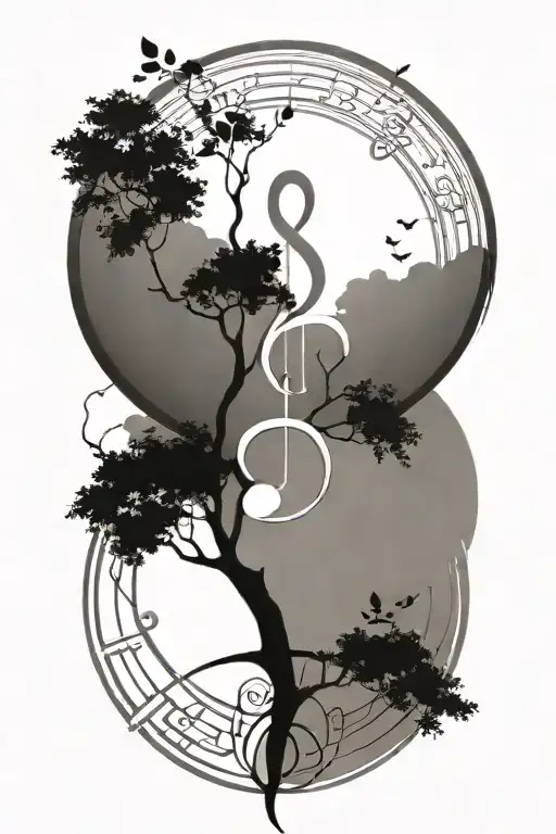 a simple circle with a simple tree of life integrated with a simple treble clef inside the circle tattoo design idea
