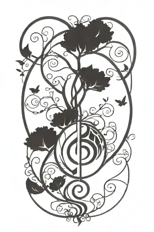 a simple circle with a simple tree of life integrated with a simple treble clef inside the circle tattoo design idea