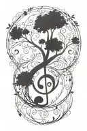 a simple circle with a simple tree of life integrated with a simple treble clef inside the circle tattoo design idea