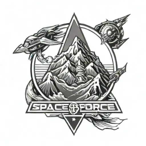 A powerful black-grey tattoo of a space force emblem intertwined with rugged mountain peaks tattoo design idea
