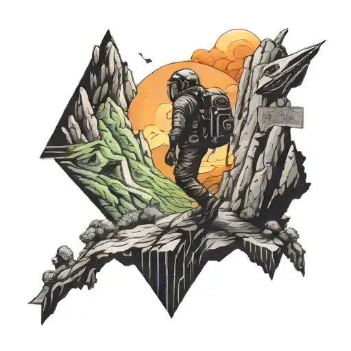 A detailed blackwork tattoo of a futuristic space explorer hiking through a mountainous alien landscape tattoo design idea