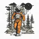 A haunting dotwork tattoo of a lone astronaut wandering through a dark forest on a distant planet tattoo design idea