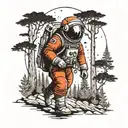 A haunting dotwork tattoo of a lone astronaut wandering through a dark forest on a distant planet tattoo design idea