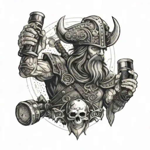 A Norse warrior wielding a whiskey bottle as a weapon, with skulls lining the battlefield tattoo design idea