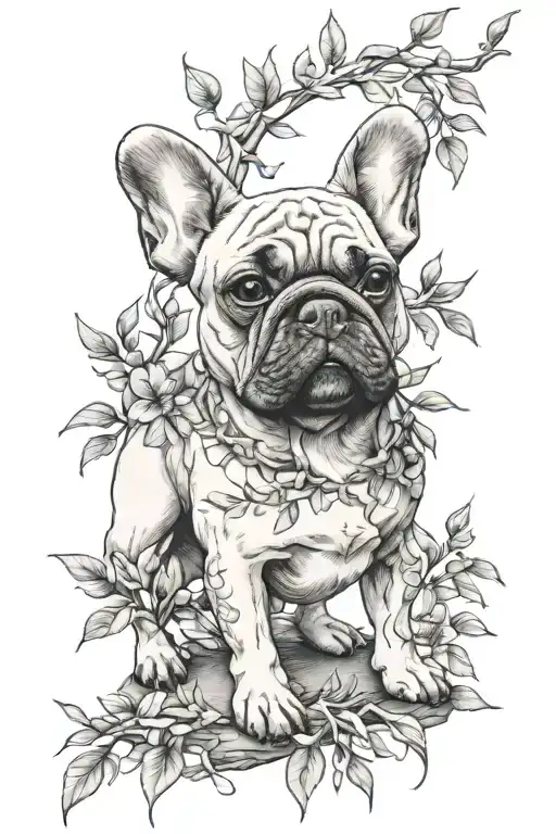 willow tree French bulldog ayahuasca vines intertwining   tattoo design idea