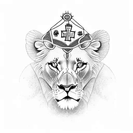 A dotwork tattoo of a majestic lion wearing a nurse's cap, representing the client's love for animals and their occupation as a nurse tattoo design idea