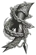 A chain with a pointed end is half the length of the arm and wraps around the arm and has a small ring at the end. tattoo design idea