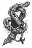 A chain with a pointed end is half the length of the arm and wraps around the arm and has a small ring at the end. tattoo design idea