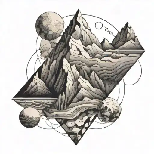 An abstract mountain landscape incorporating geological layers and cartographic elements tattoo design idea