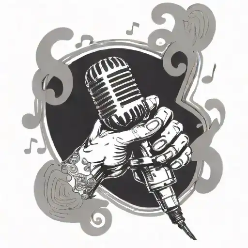 two hands holding microphone surrounded by musical notes tattoo design idea