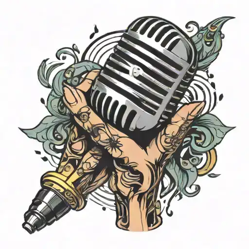 two hands holding microphone surrounded by musical notes tattoo design idea