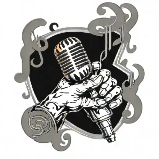 two hands holding microphone surrounded by musical notes tattoo design idea