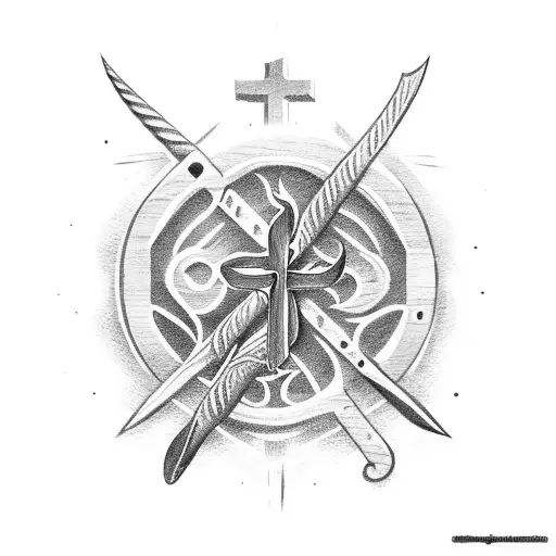 fish hook with wooden cross and the letters JF tattoo design idea