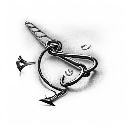 fishing hook intertwined with cross and letters JF tattoo design idea