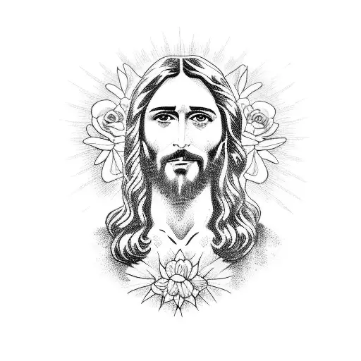 Jesus with flowers on a black background tattoo design idea