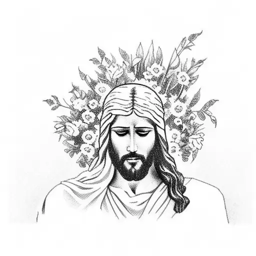 A powerful image of Jesus surrounded by a garden of vibrant flowers tattoo design idea